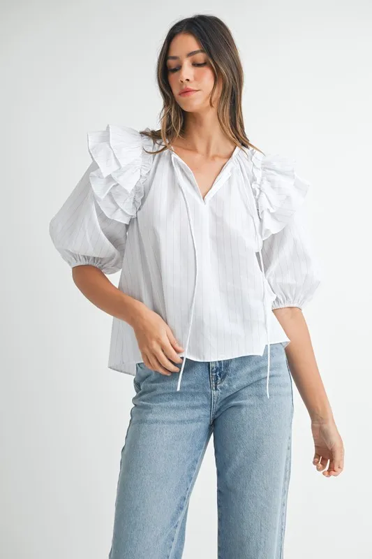 Stripe Ruffle Shoulder Puff Sleeve Blouse, image 4