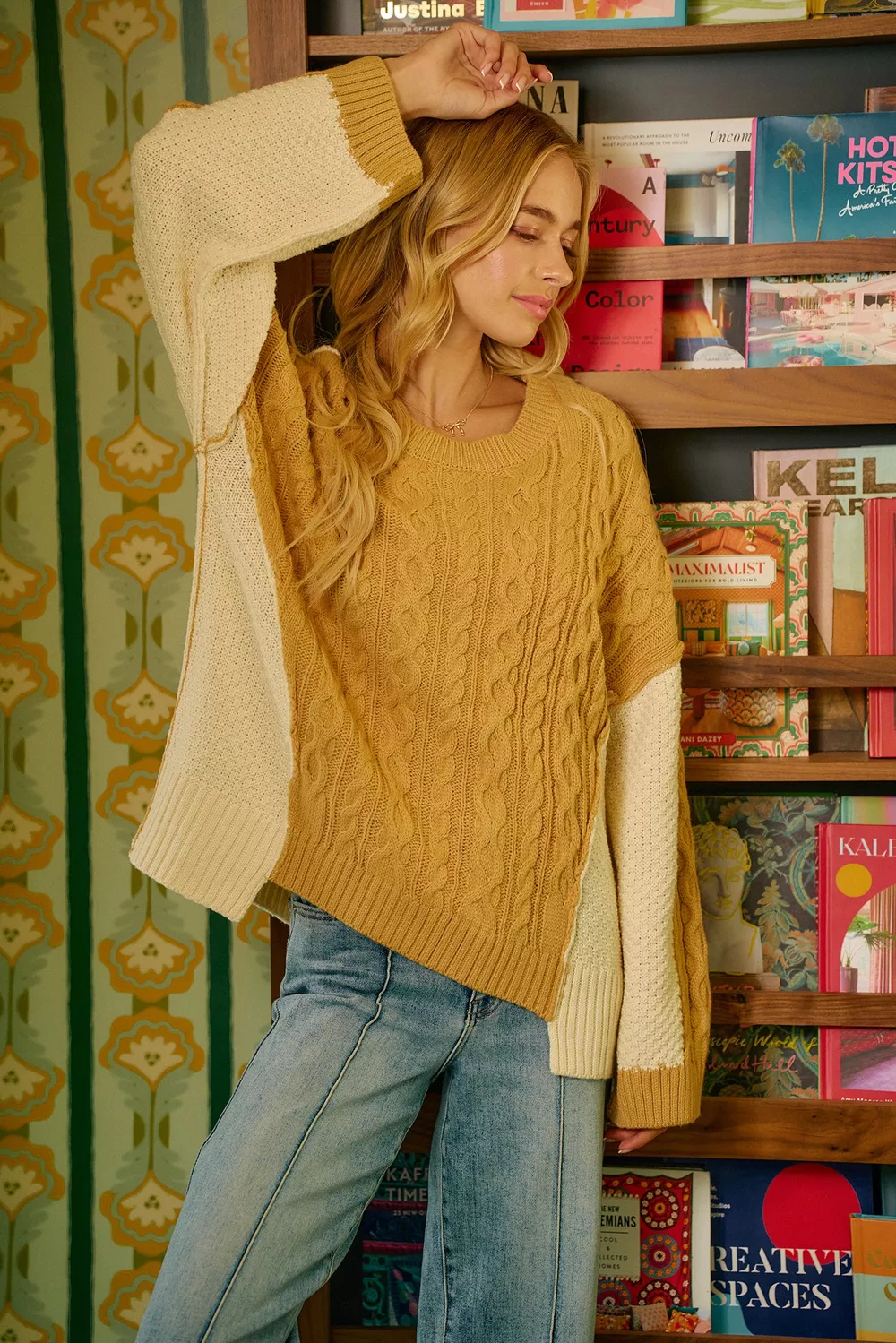 Cable Knit With Hacci Combo Sweater With Uneven Hem Detail, image 11