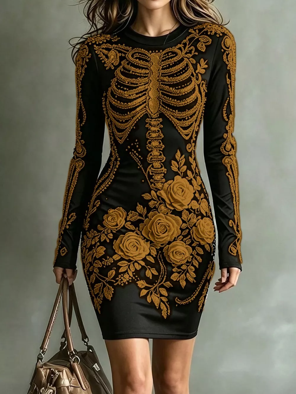 Skeleton Floral Long Sleeve Bodycon Dress, image 9