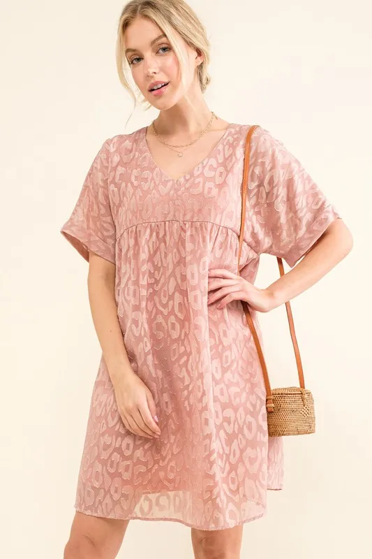 Woven Leopard Baby Doll Roll-Sleeve Casual Dress, image 5