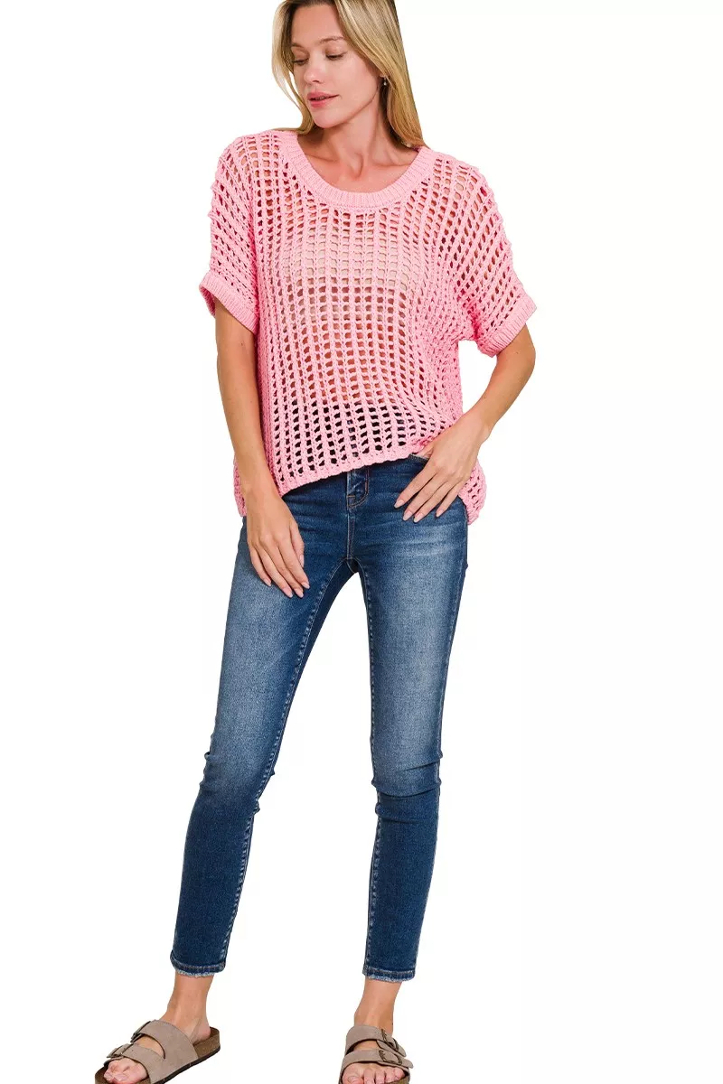 Fish Net Short Sleeve Crochet Knit Cover Up, image 2