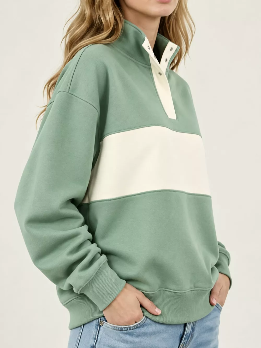 Full Size Color Block Snap-Button Sweatshirt Plus Size, image 17