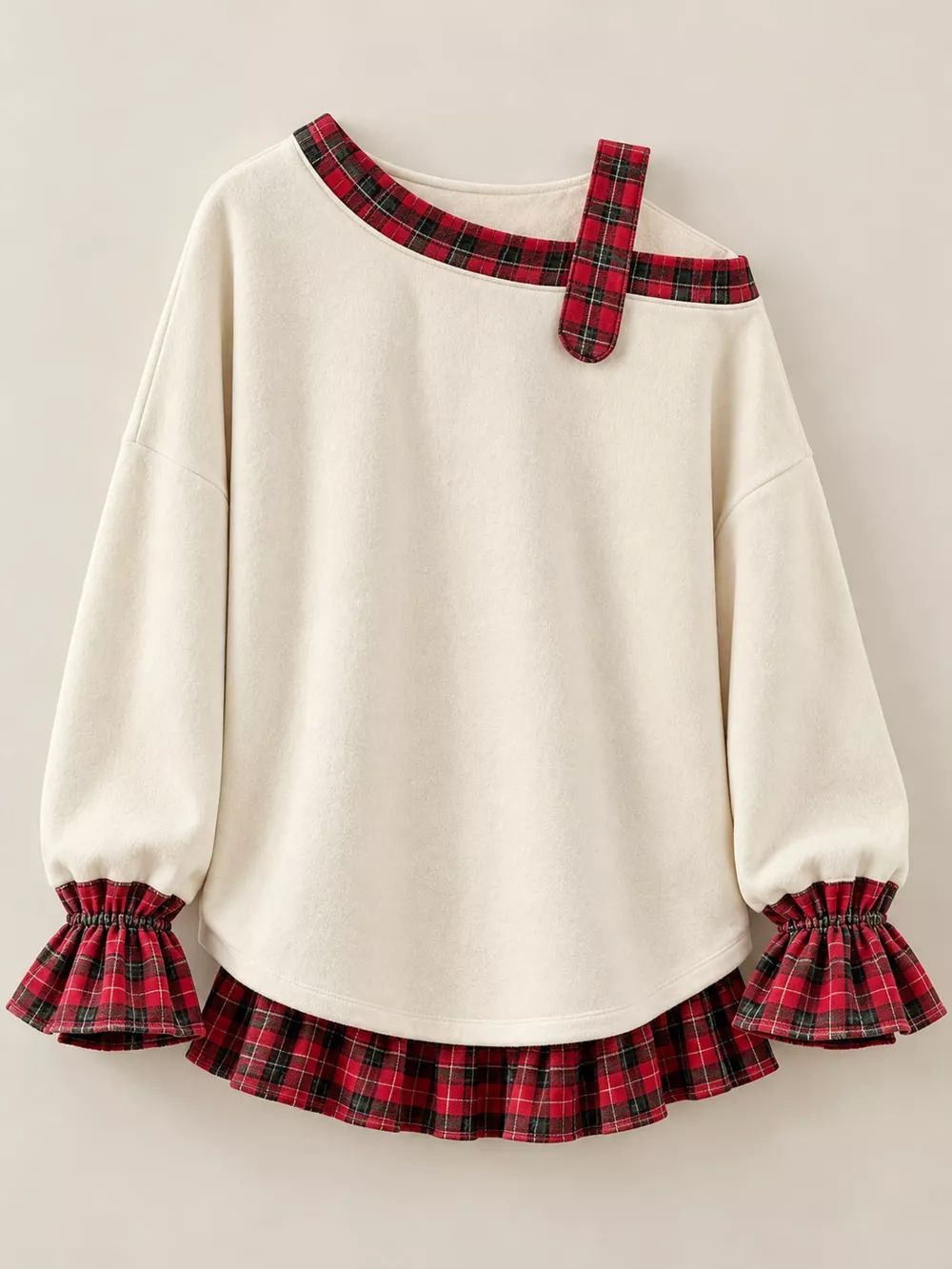 Full Size Plaid Ruffled Hem Asymmetrical Neck Sweatshirt Plus Size, image 4