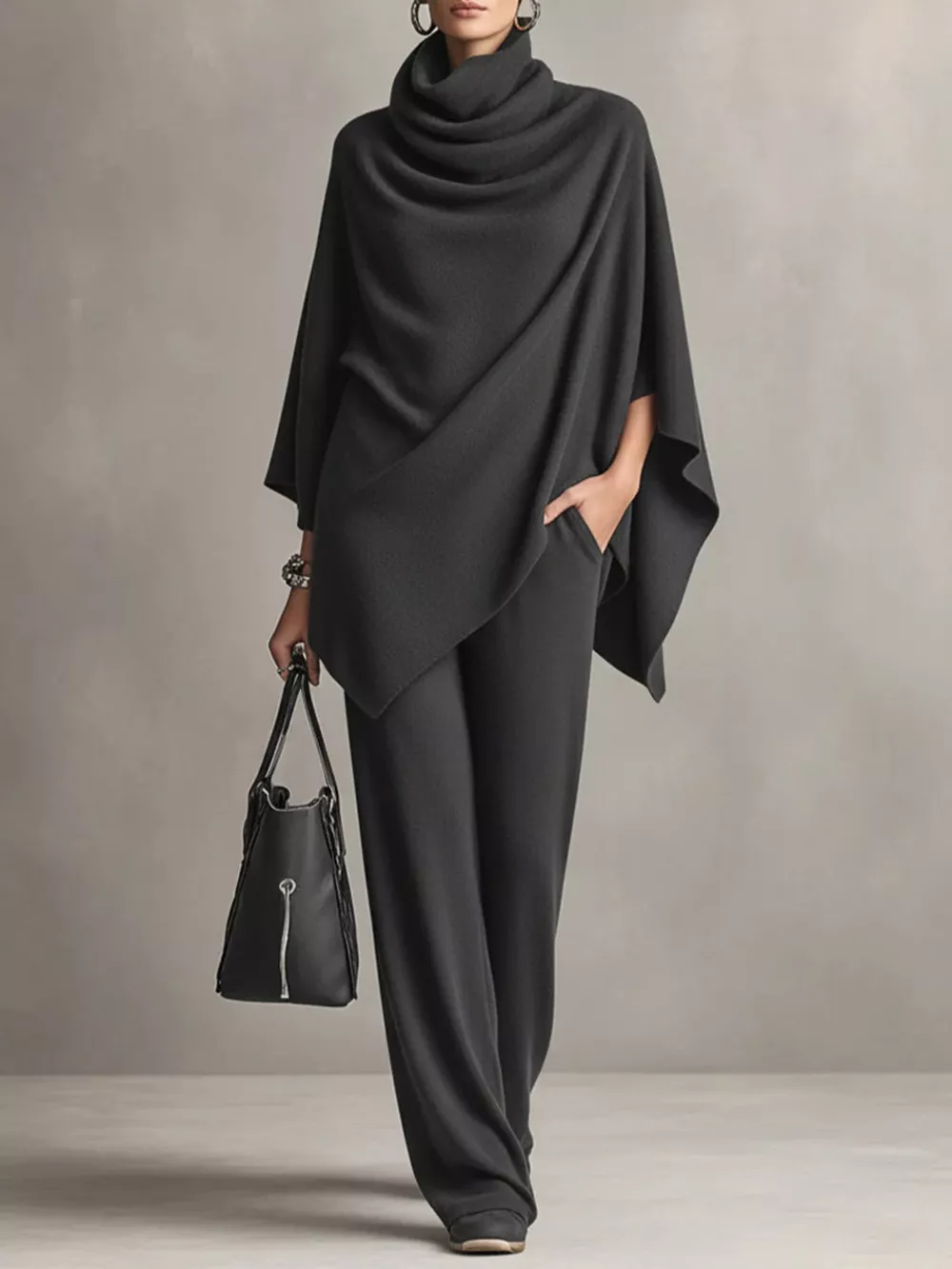 Full Size Turtleneck Poncho and Wide-Leg Pants Set Plus Size