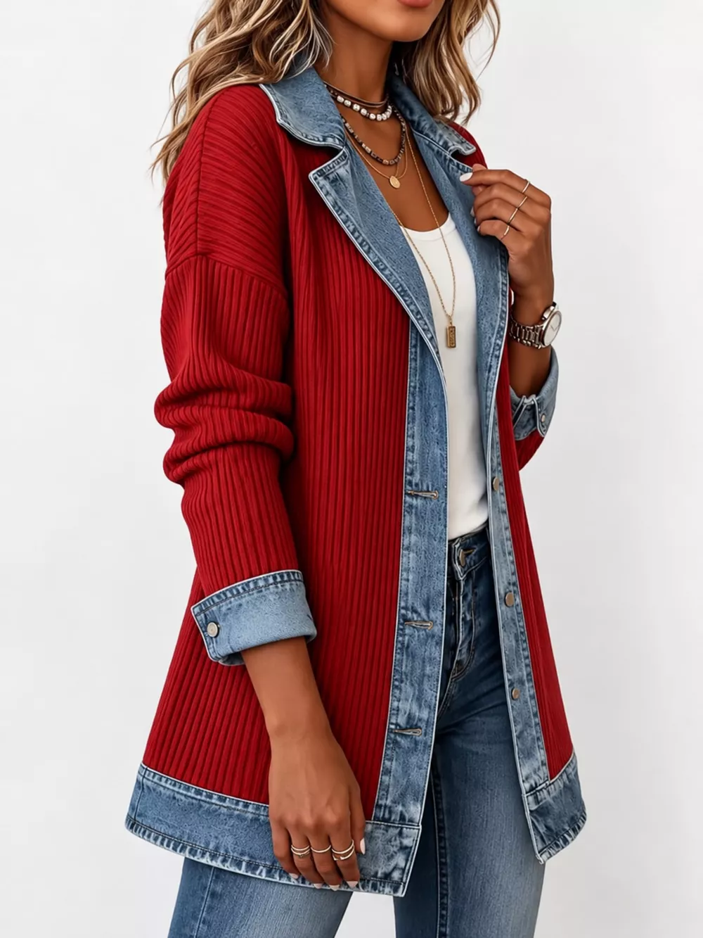 Full Size Denim Trim Ribbed Knit Cardigan Plus Size, image 19