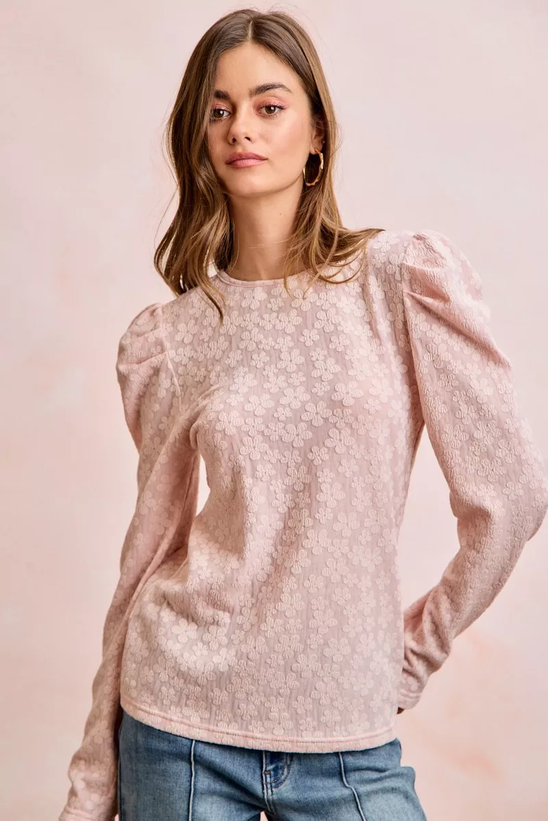 Textured Flower Knit Puff Shoulder Top