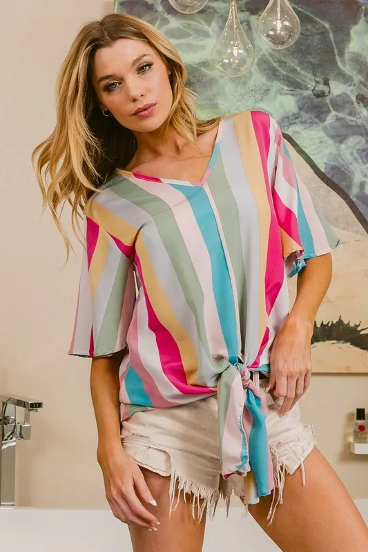 Multi Stripe Woven V Neck Top with Long Front Tie, image 14