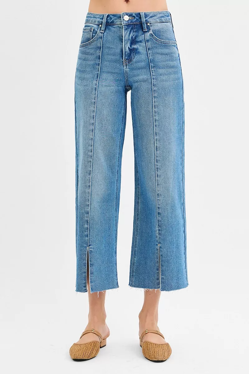 Tummy Control Mid Rise Crop Wide Front Slit Jeans, image 6