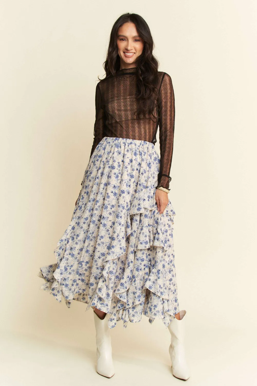 Turtle Neck Lace Dotted Stretch Mesh Sheer Top, image 8