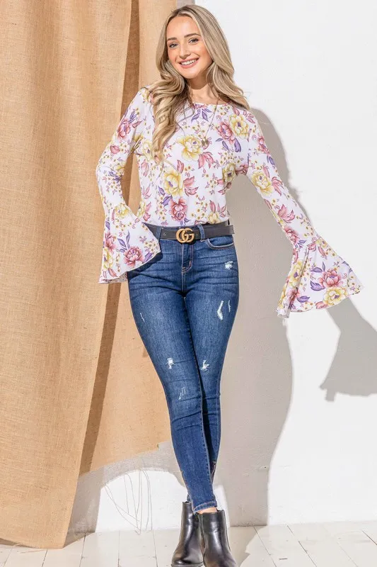 Floral Printed Bell Sleeve Casual Top