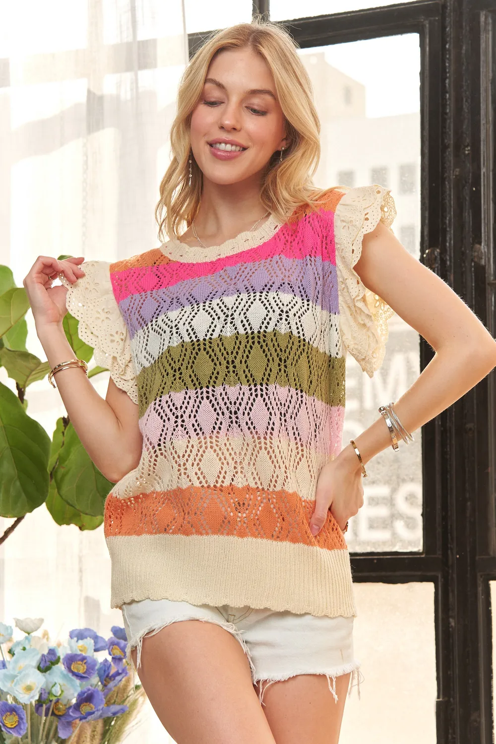 Eyelet Sleeve Multi Color Crochet Top, image 2
