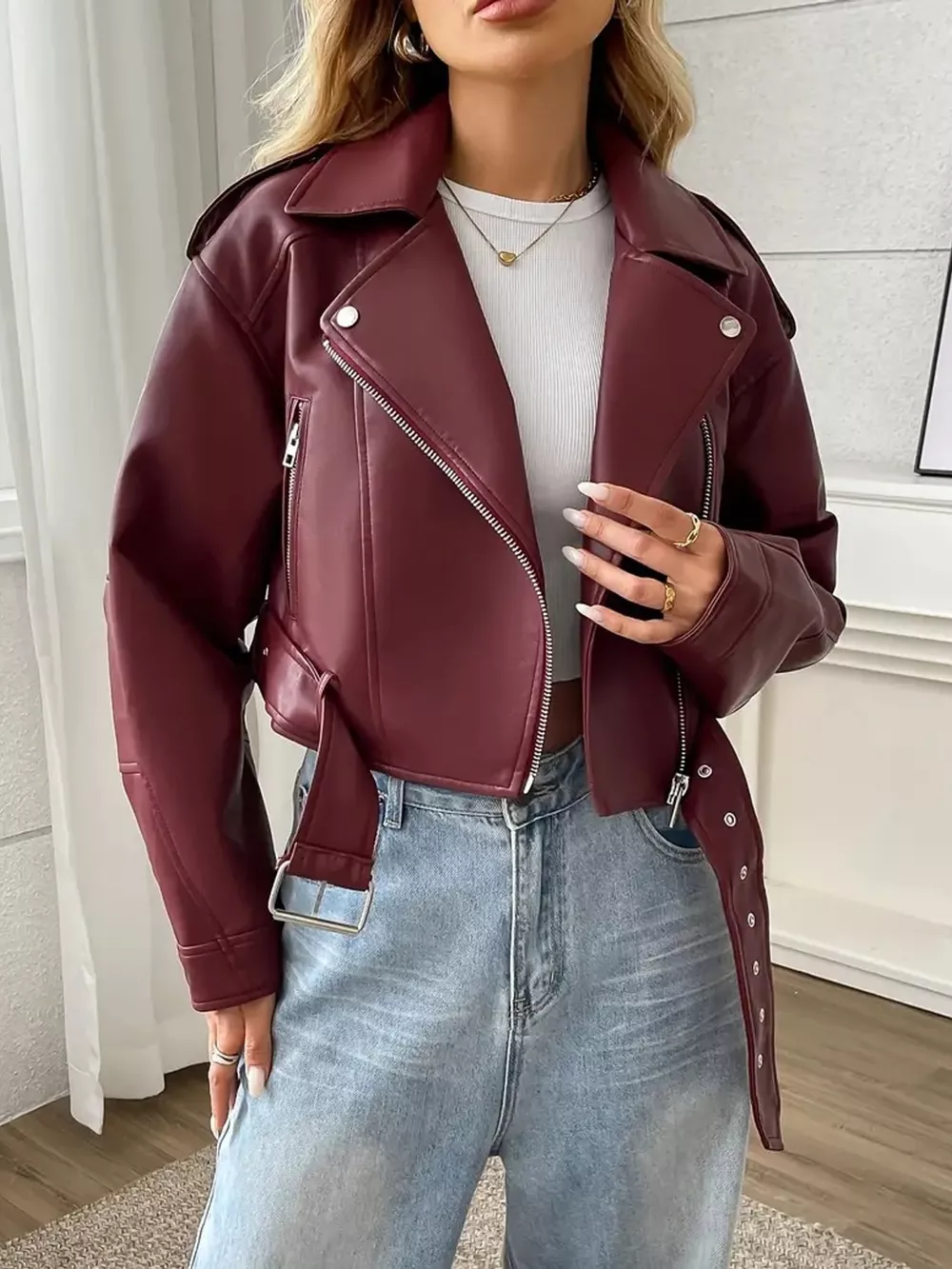 Full Size Faux Leather Zip Up Jacket Plus Size, image 6