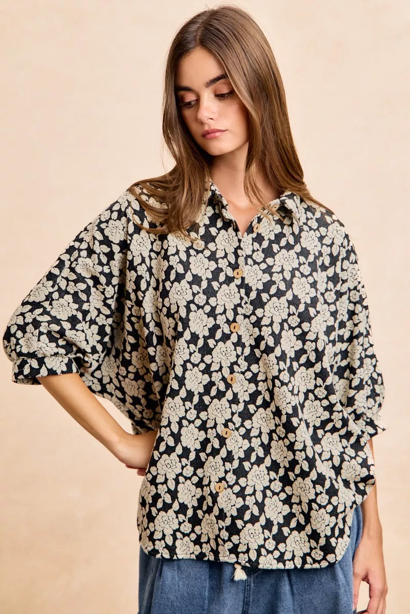 Floral Jacquard Short Dolman Sleeves Shirt, image 8
