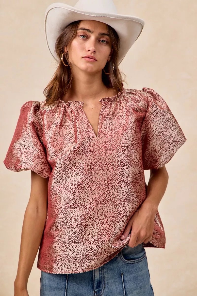 Jacquard Woven Short Balloon Sleeves V Neck Top, image 6