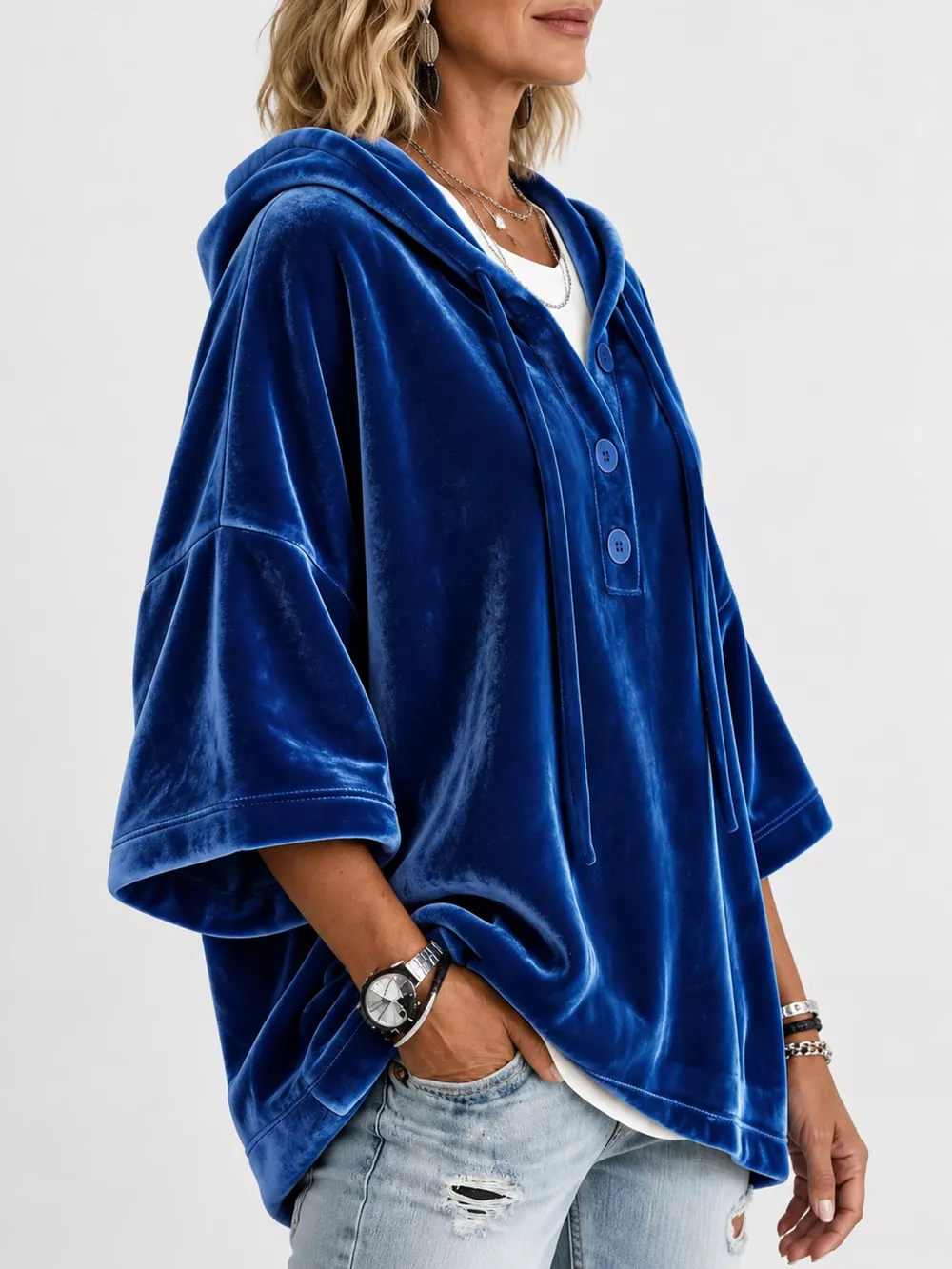 Full Size Velvet Button Detail Hoodie Plus Size, image 6