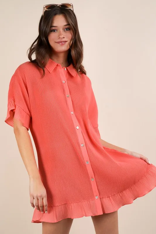Pleated Detail Button Down Mini Dress
