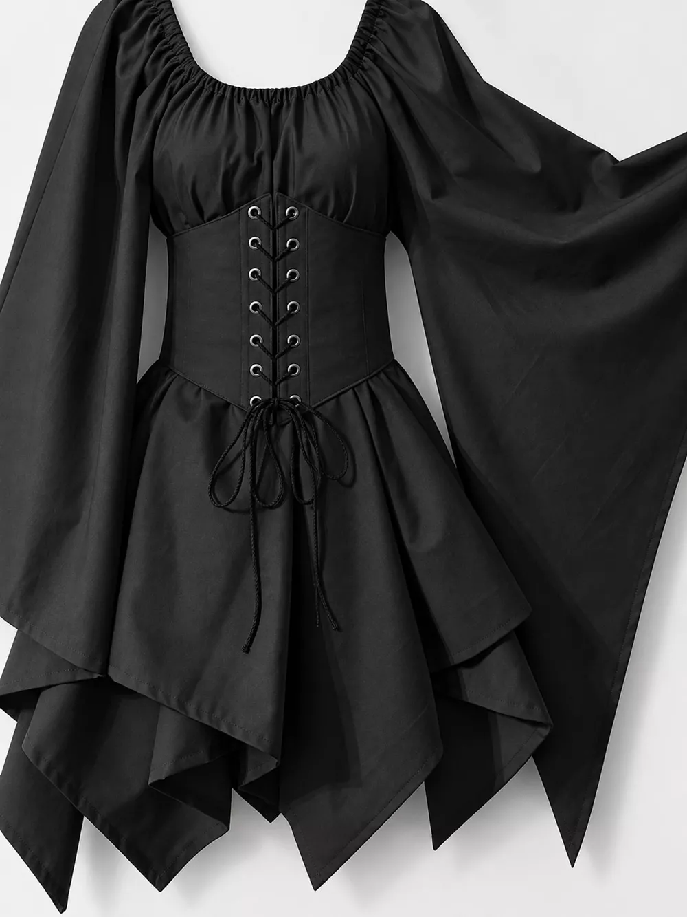 Full Size Lace-Up Flare Sleeve Irregular Hem Dress Plus Size, image 4