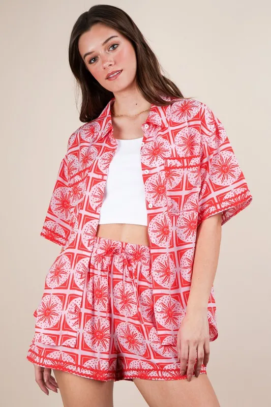 Full Size Tropical Printed Shirt Top and Shorts Set Plus Size