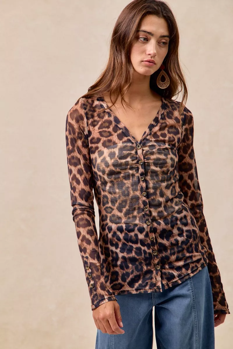 Leopard Printed Mesh Shirt With Button Up V Neck, image 8