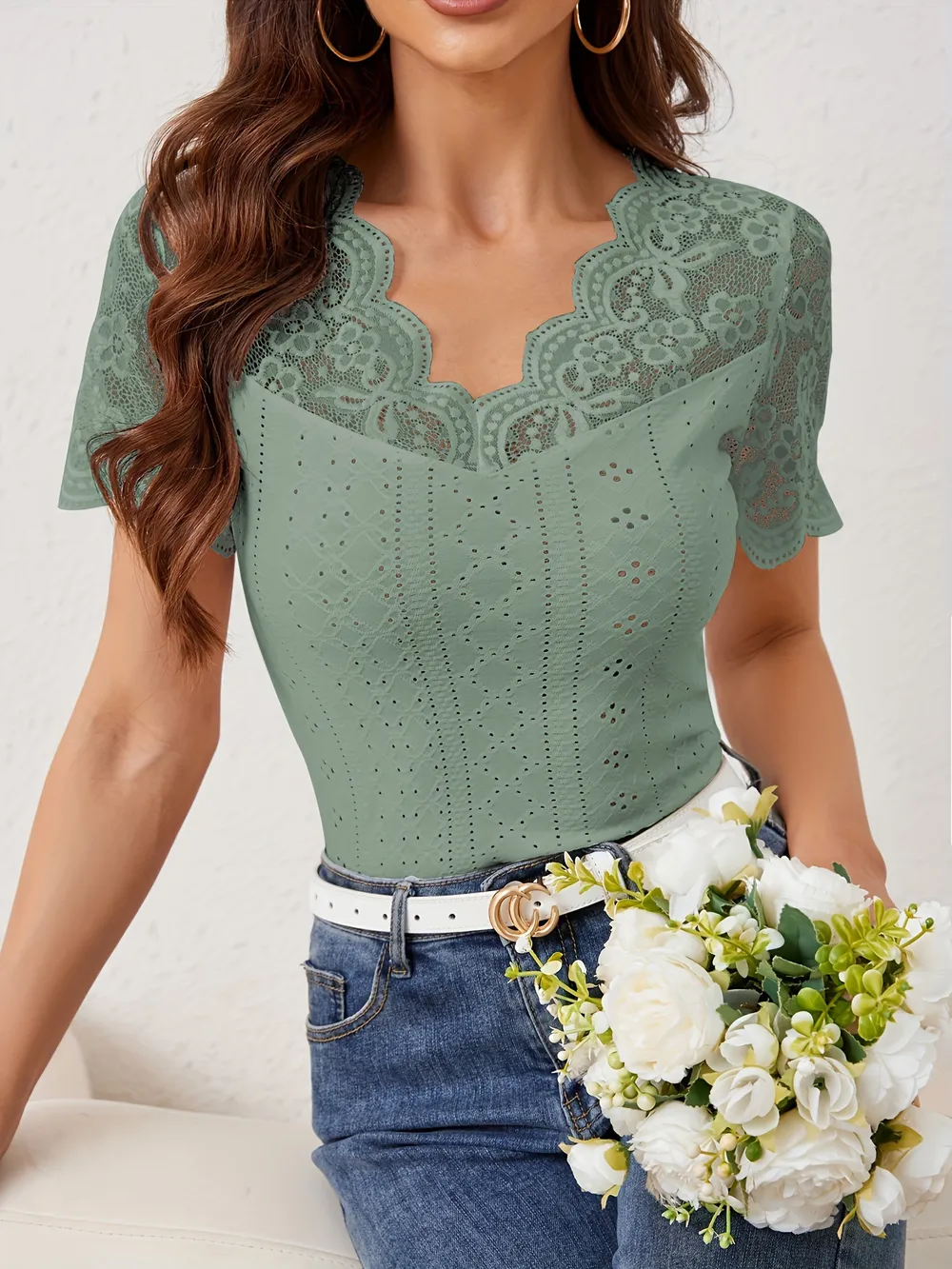 Lace Scalloped V-Neck Eyelet T-Shirt, image 15
