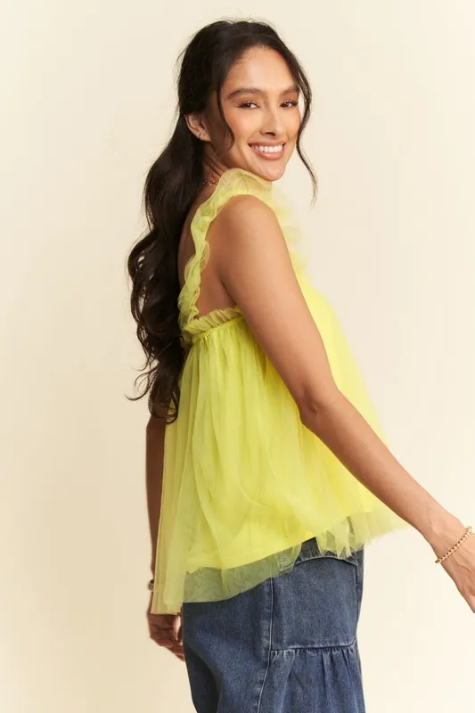 Shirred Ruffle Strap Tulle Babydoll Top, image 3