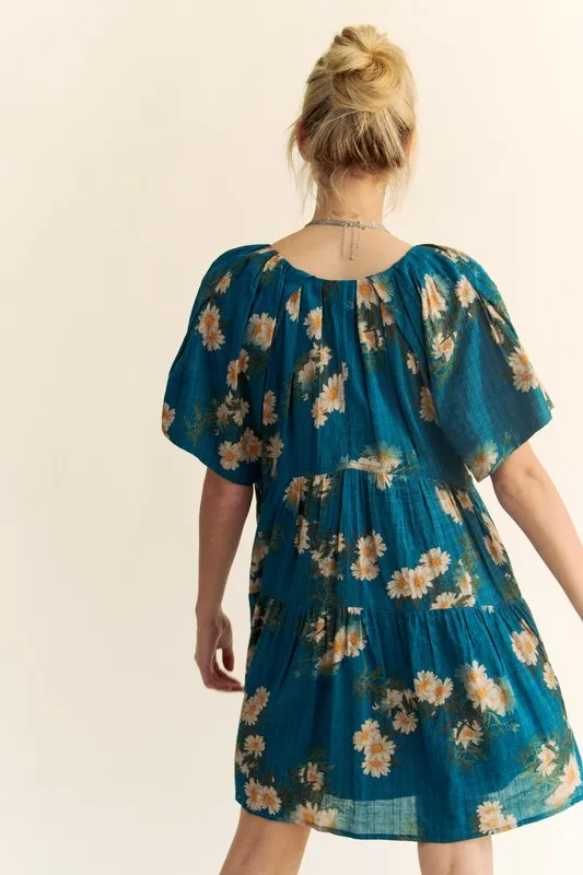 Floral Print Short Bell Sleeve Pleated Mini Dress, image 7