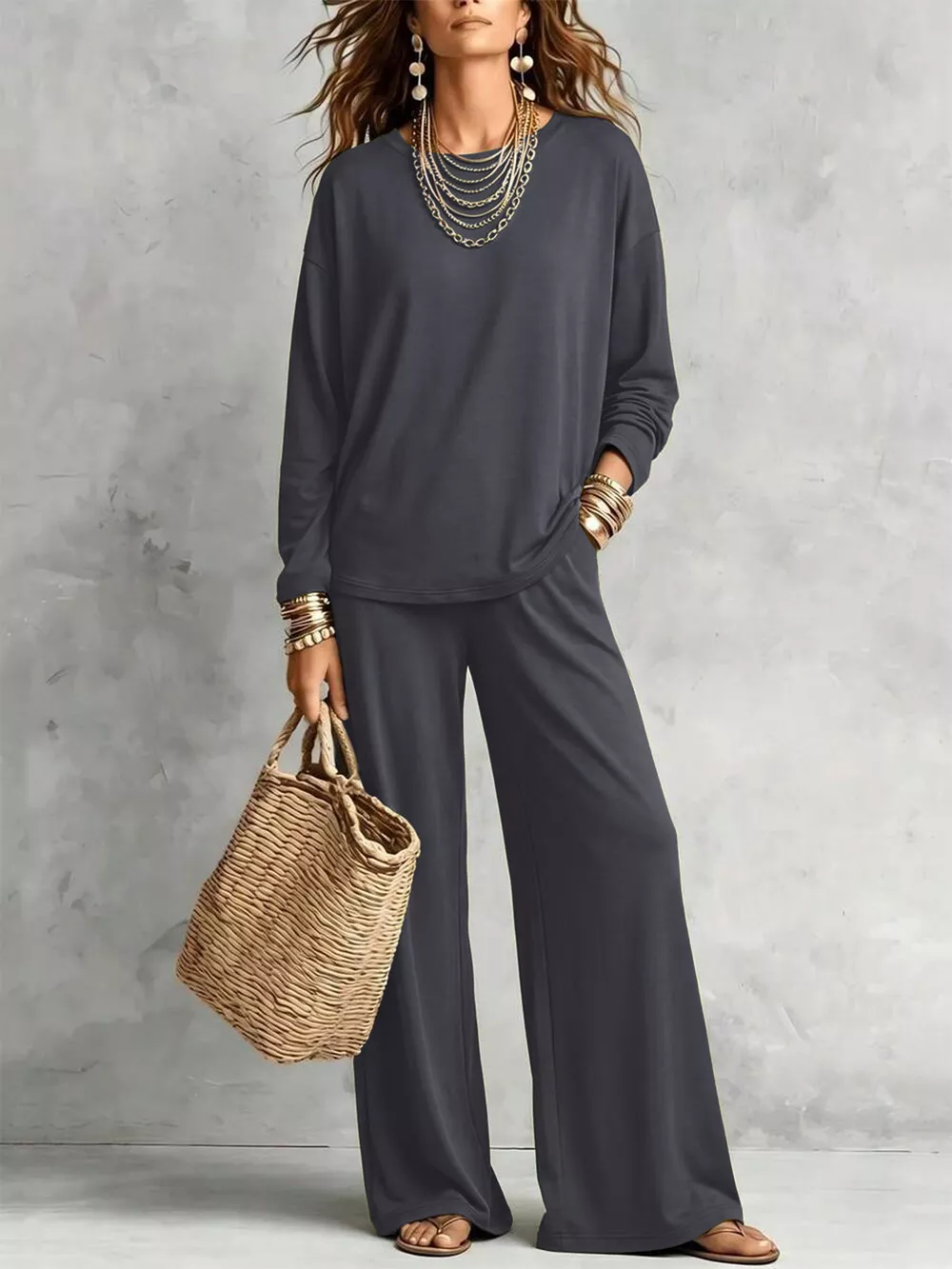 Round Neck T-Shirt and Wide-Leg Pants Set, image 5