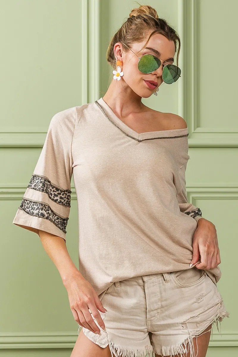 Triblend Knit Top with Leopard Band Detail, image 7