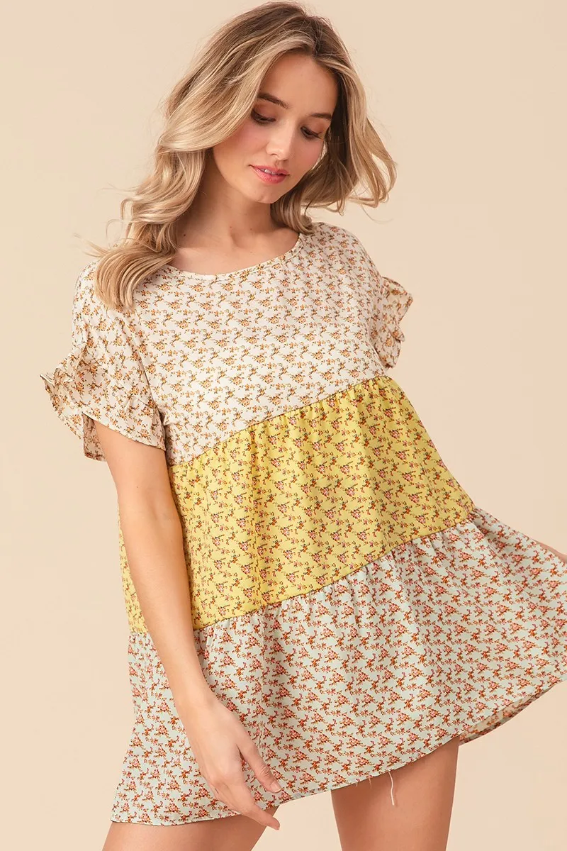 Flroal Printed Woven Color Block and Tiered Top