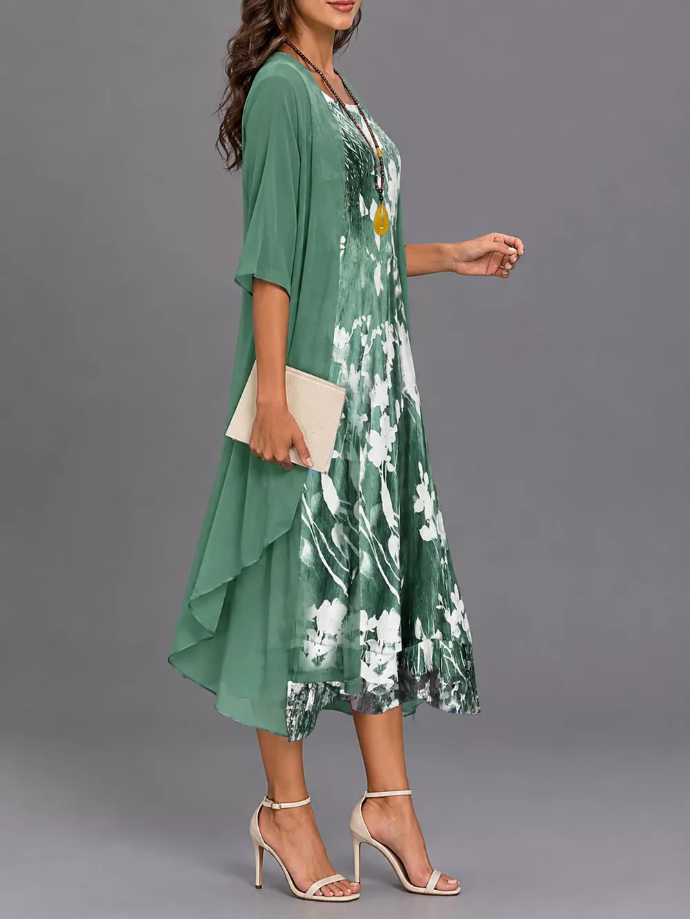 Full Size Floral Print Midi Dress and Chiffon Cardigan Set Plus Size, image 2