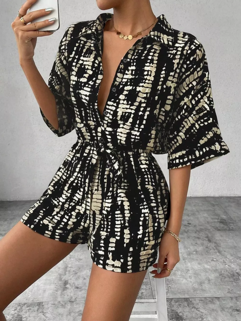 Striped Button-Up Belted Romper, image 11