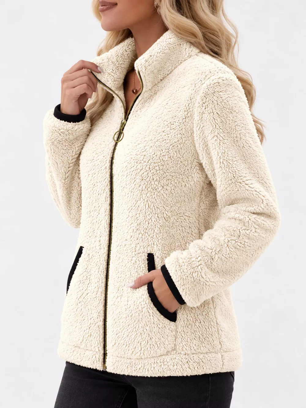 Full Size Fleece Zip-Up Jacket with Contrast Trim Plus Size, image 7