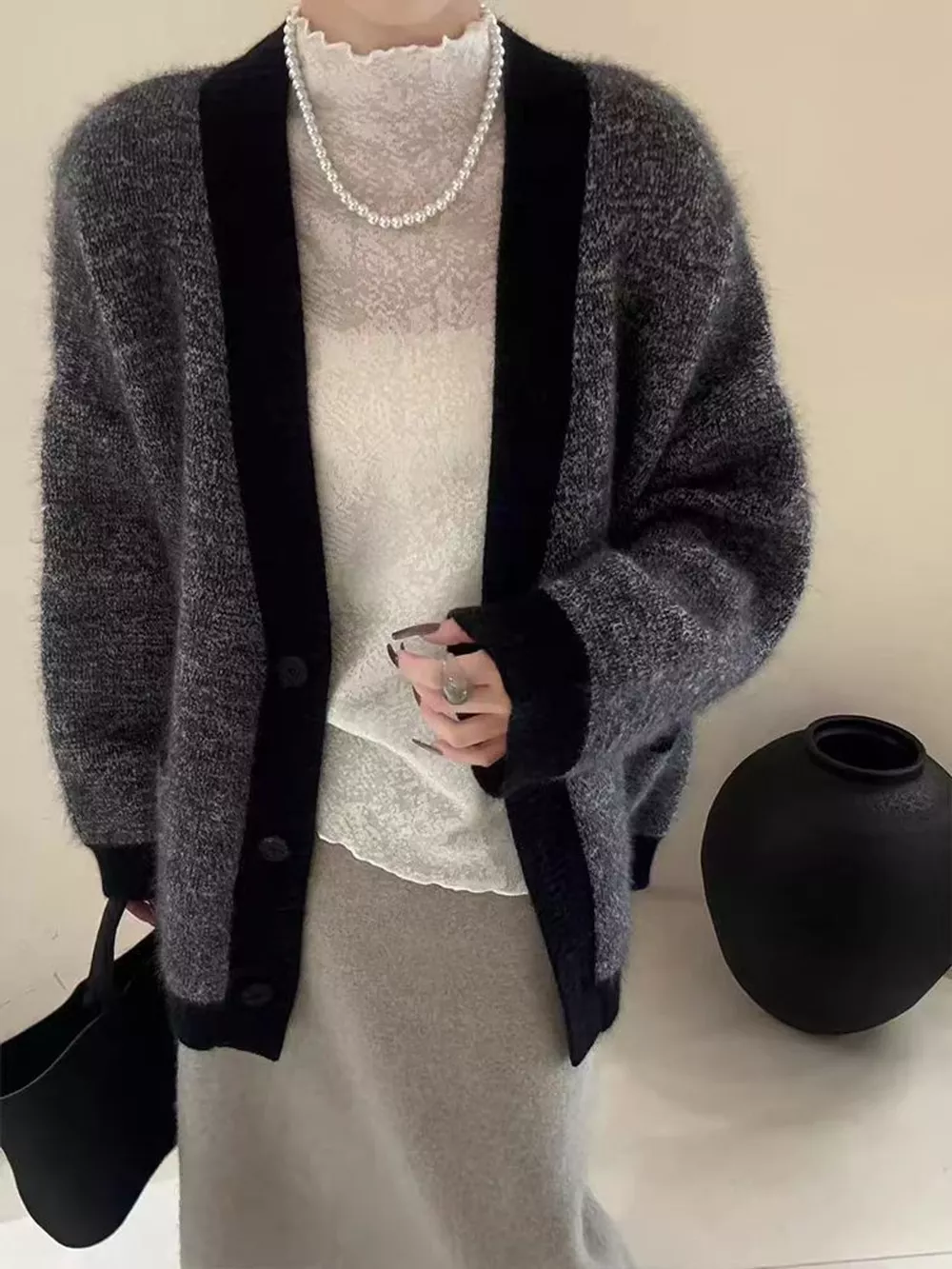 V-Neck Cardigan with Contrast Trim