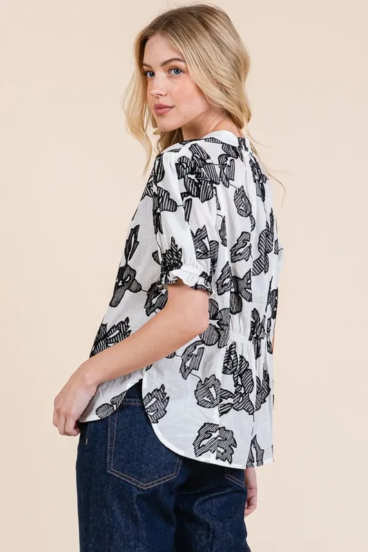 Embroidered Split Neck Puff Sleeve Blouse, image 6
