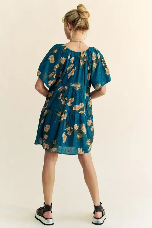 Floral Print Short Bell Sleeve Pleated Mini Dress, image 10