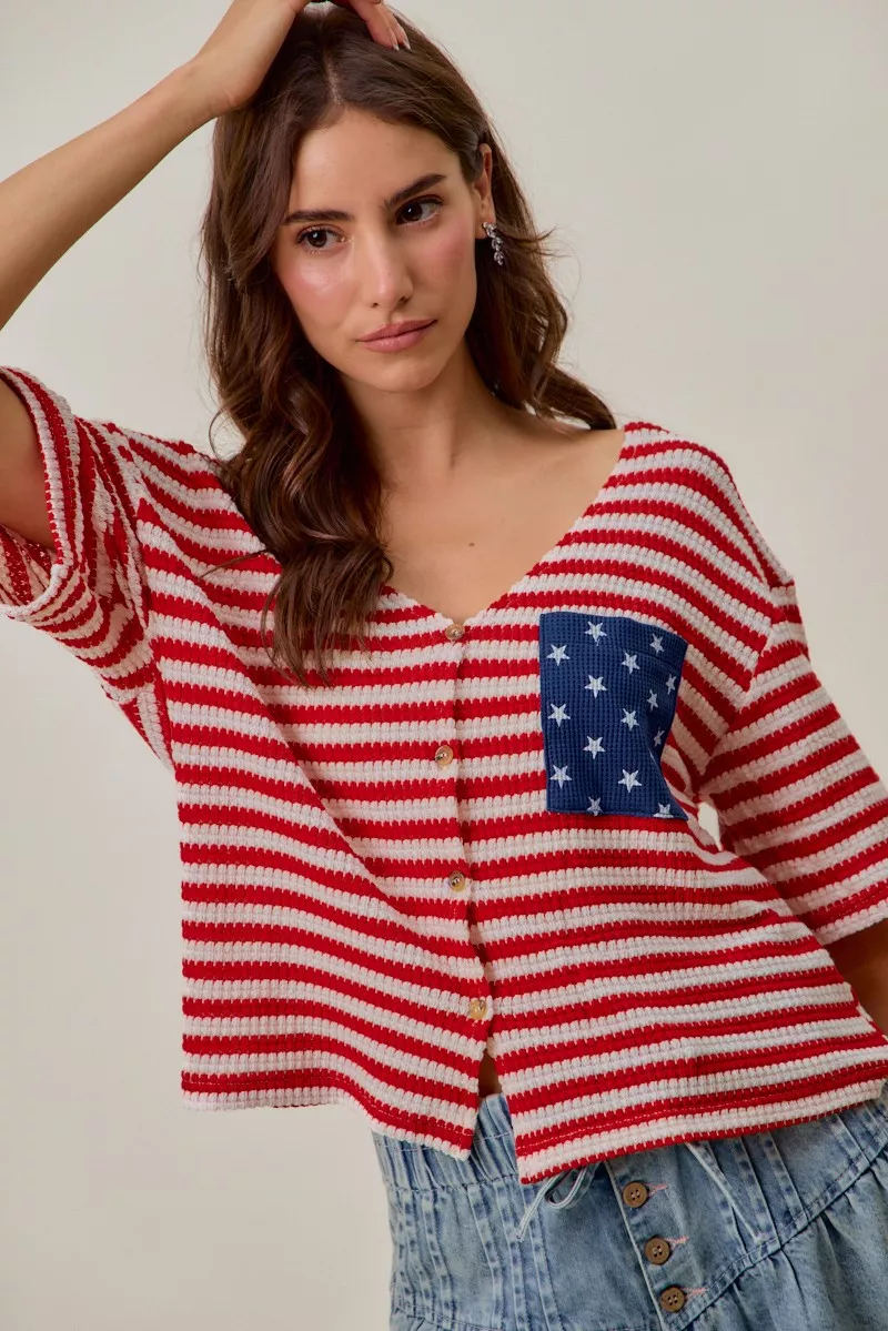 Stripe Waffle Knit Fourth Of July Cardigan Top, image 8