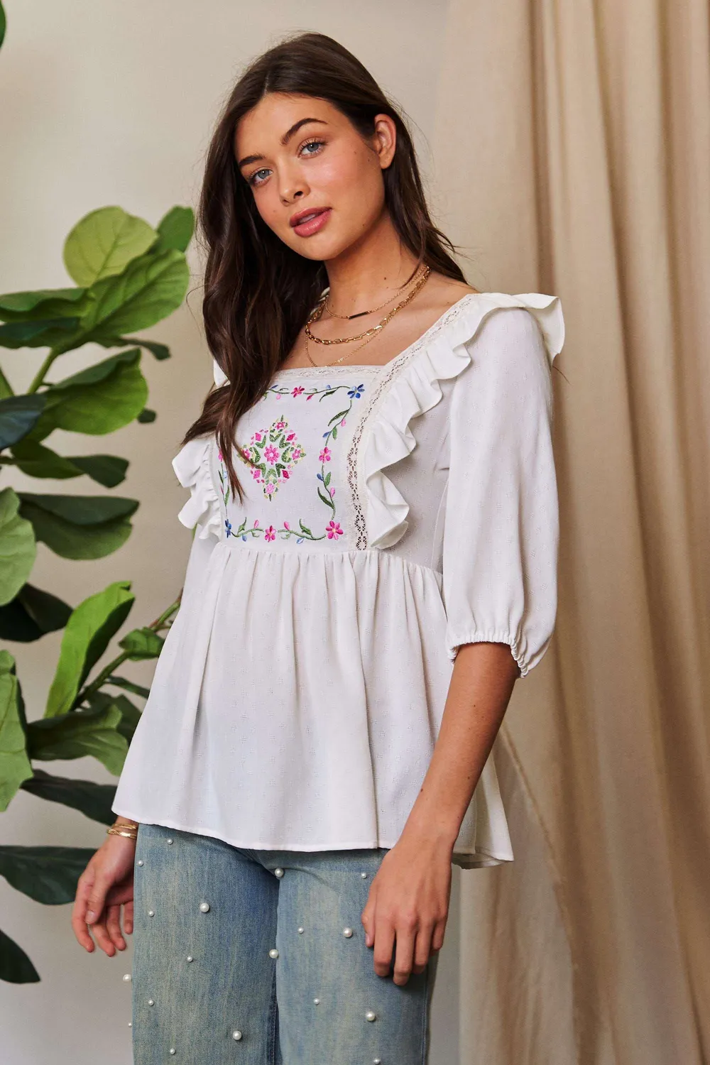 Texture Tie Back Floral Embroidery Frill Blouse, image 2