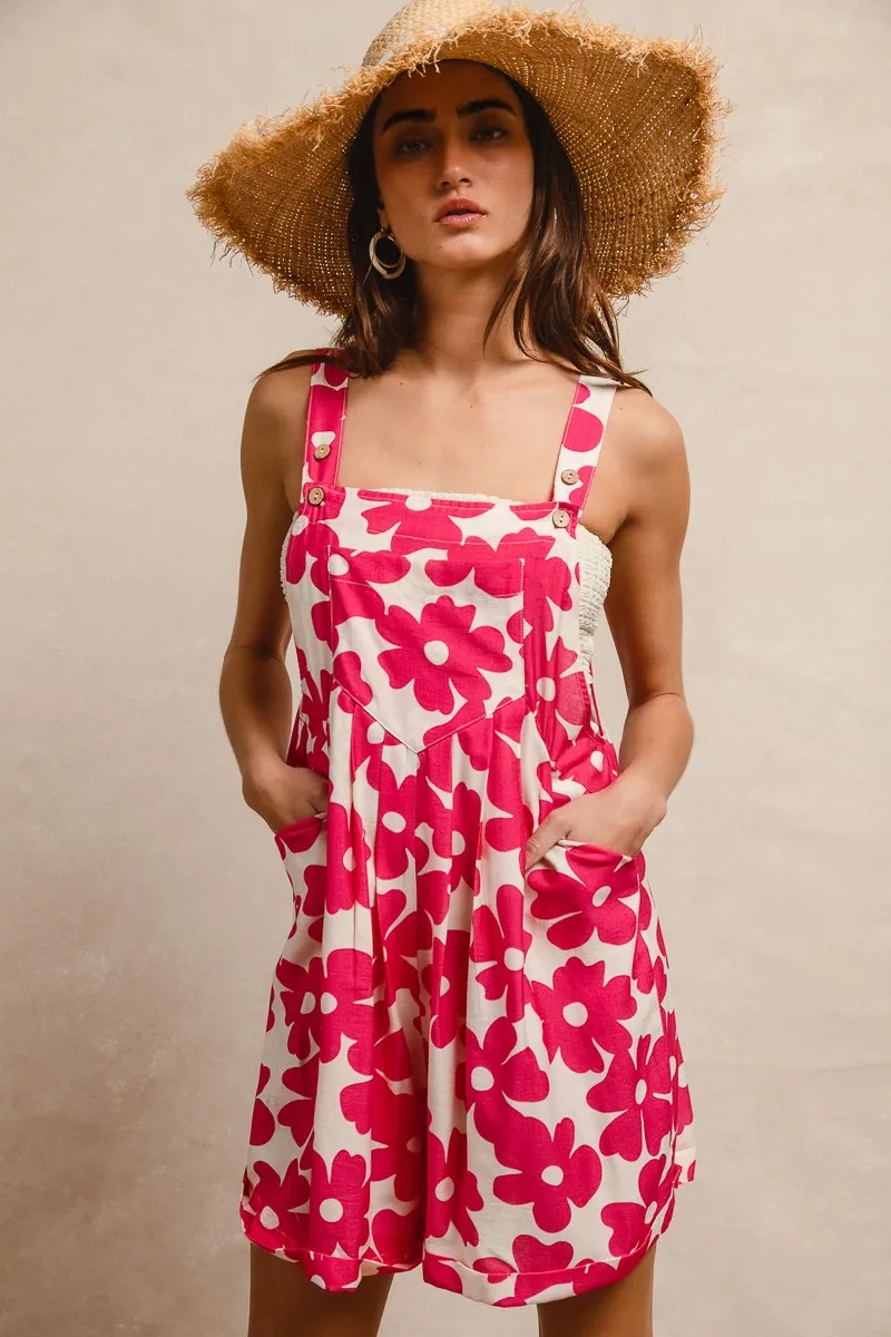 Floral Prints Tuck Detail Short Overall With Pockets, image 13