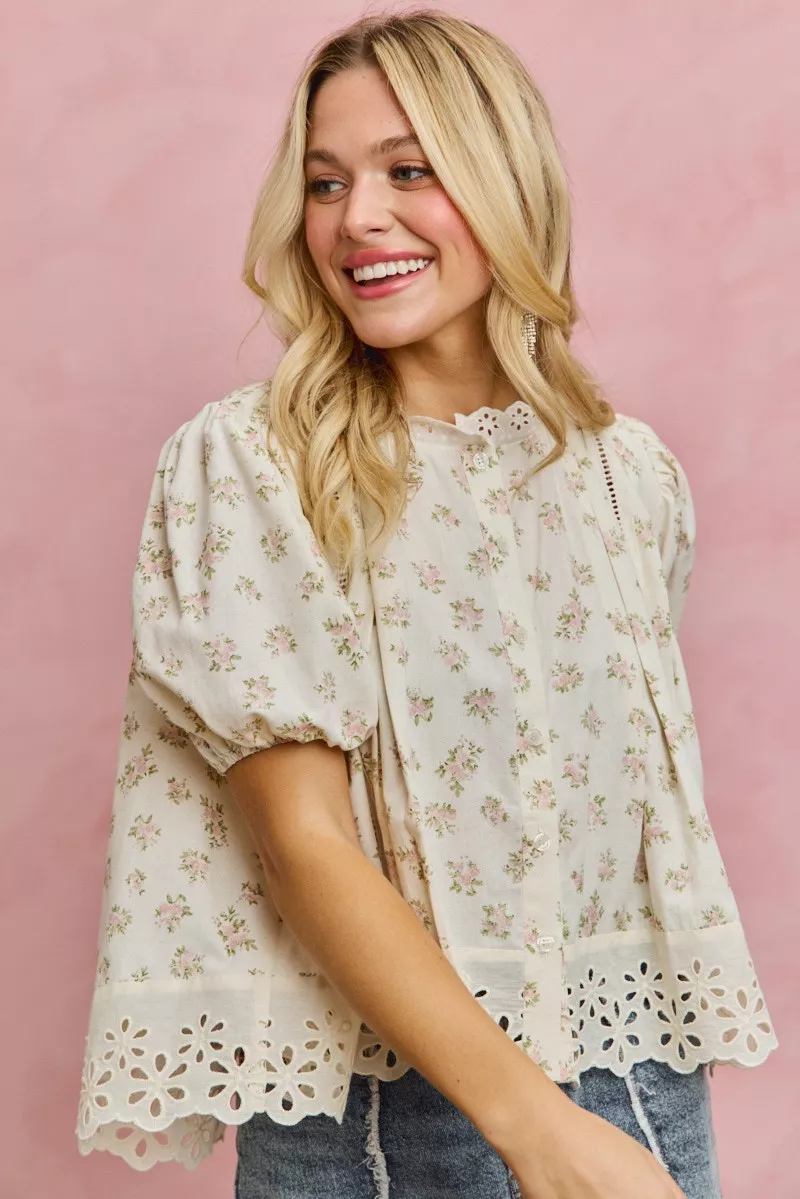 Floral Print Lace Trim Short Sleeves Blouse, image 6