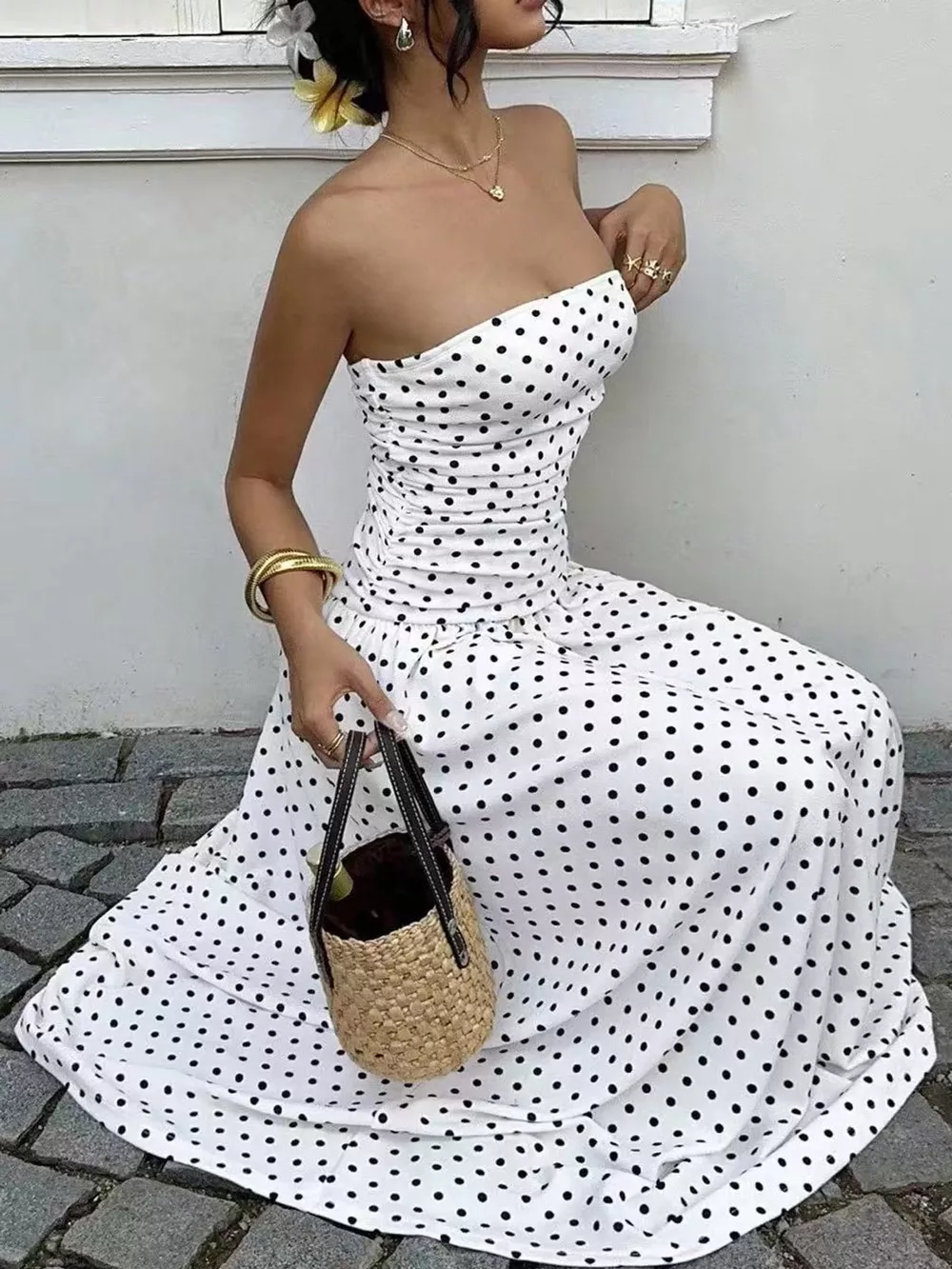 Strapless Polka Dot Ruched Maxi Dress, image 4