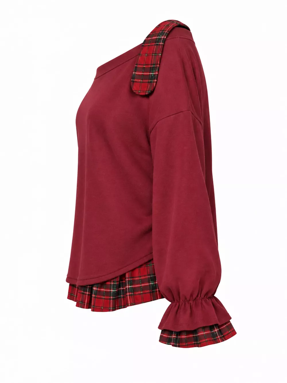 Full Size Plaid Ruffled Hem Asymmetrical Neck Sweatshirt Plus Size, image 14