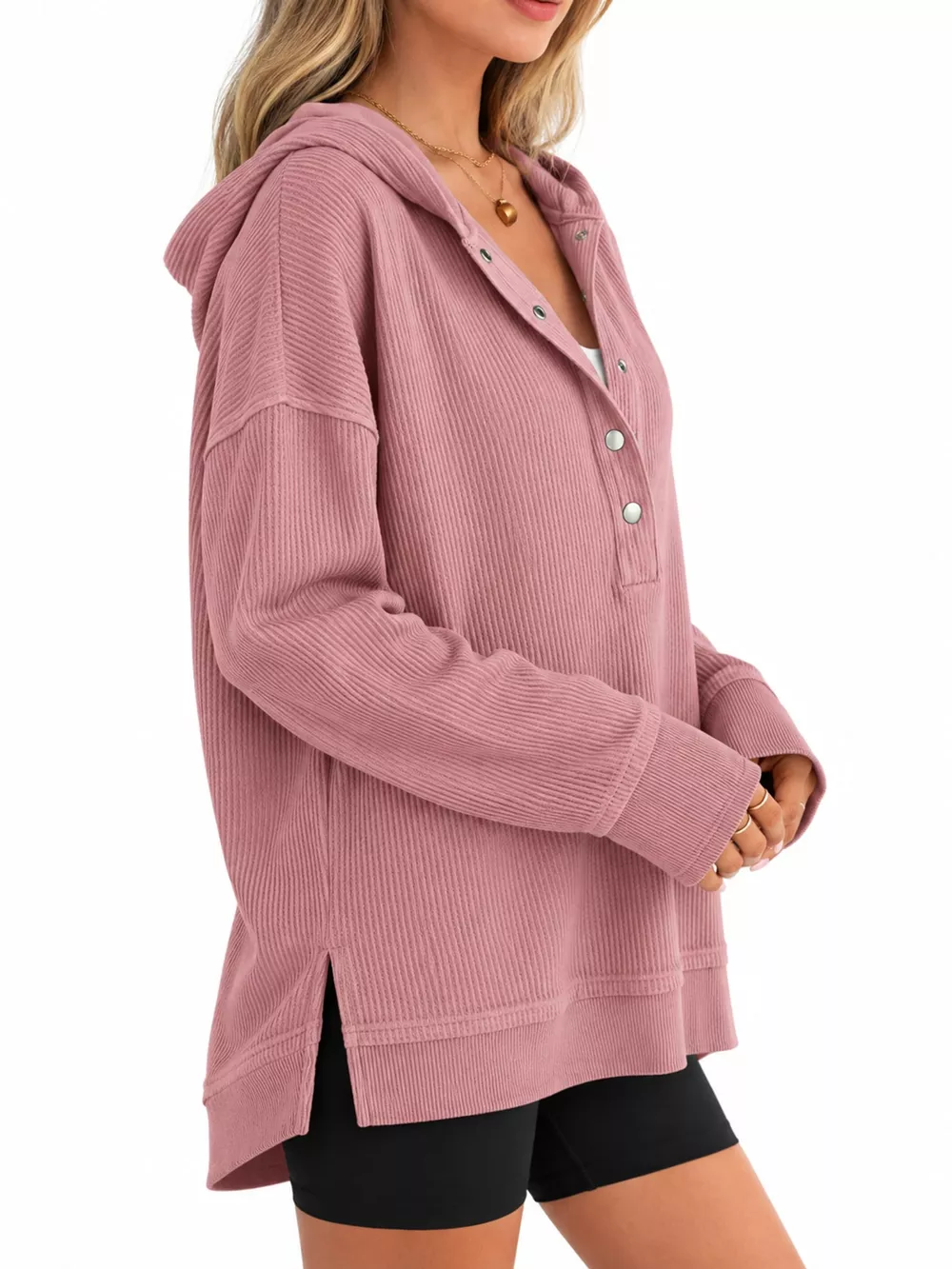 Full Size Snap Button Placket Dropped Shoulder Hoodie Plus Size, image 7