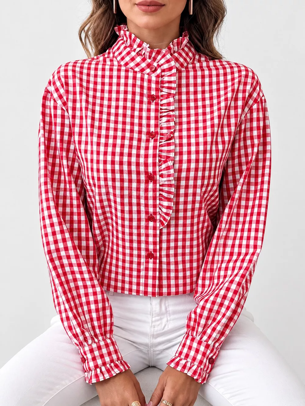 Gingham Ruffle Trim Stand Collar Shirt