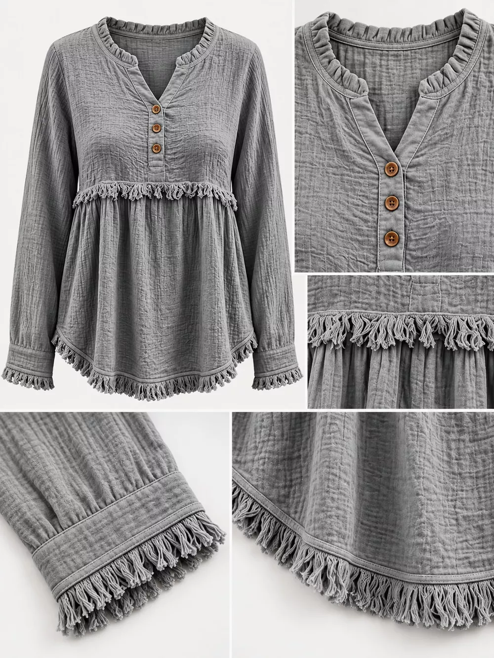 Full Size Frayed Hem Button Detail Blouse Plus Size, image 20