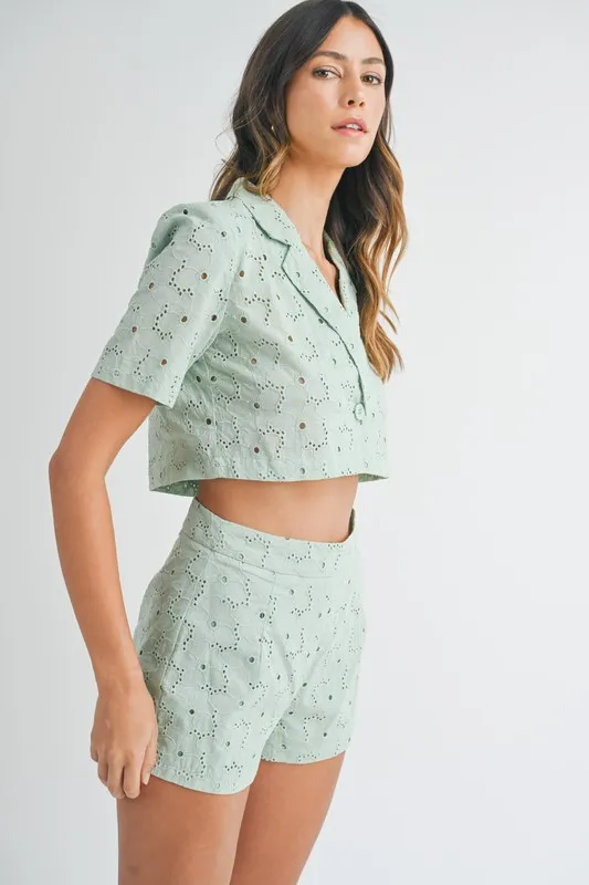 Eyelet Short Sleeve Crop Top and Shorts Set, image 3