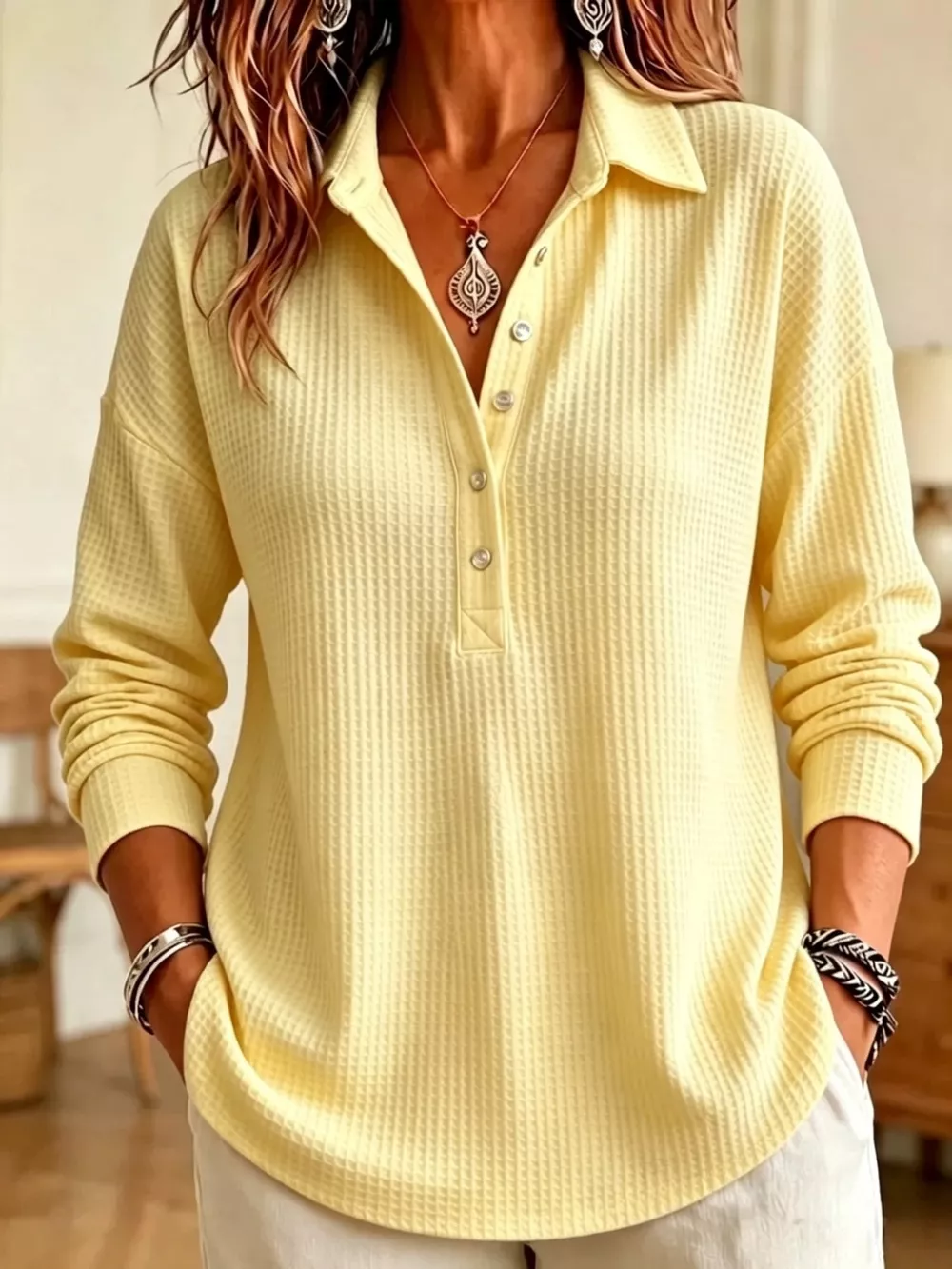 Full Size Waffle Knit Button Detail Top Plus Size