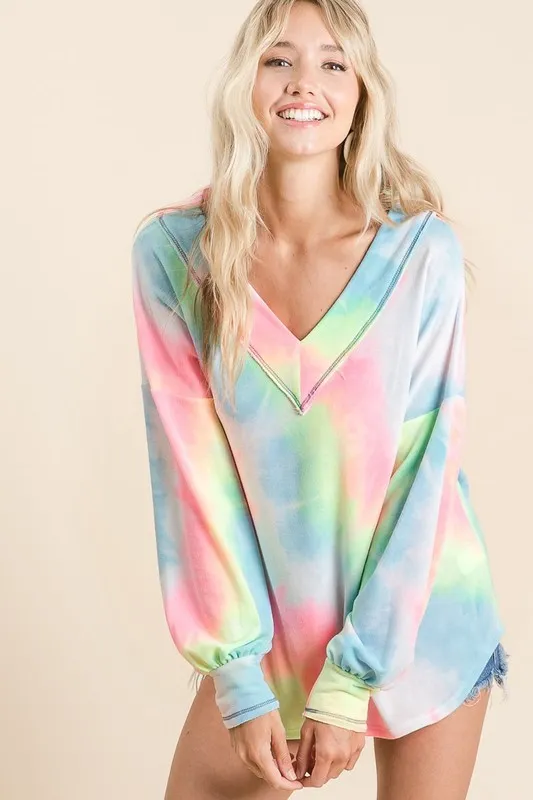 Tie Dye French Terry V-Neck Top with Puff Sleeves, image 4