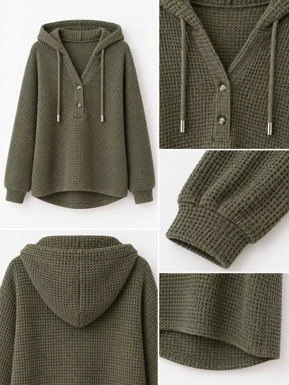 Full Size Waffle Knit Button Detail Hoodie Plus Size, image 47