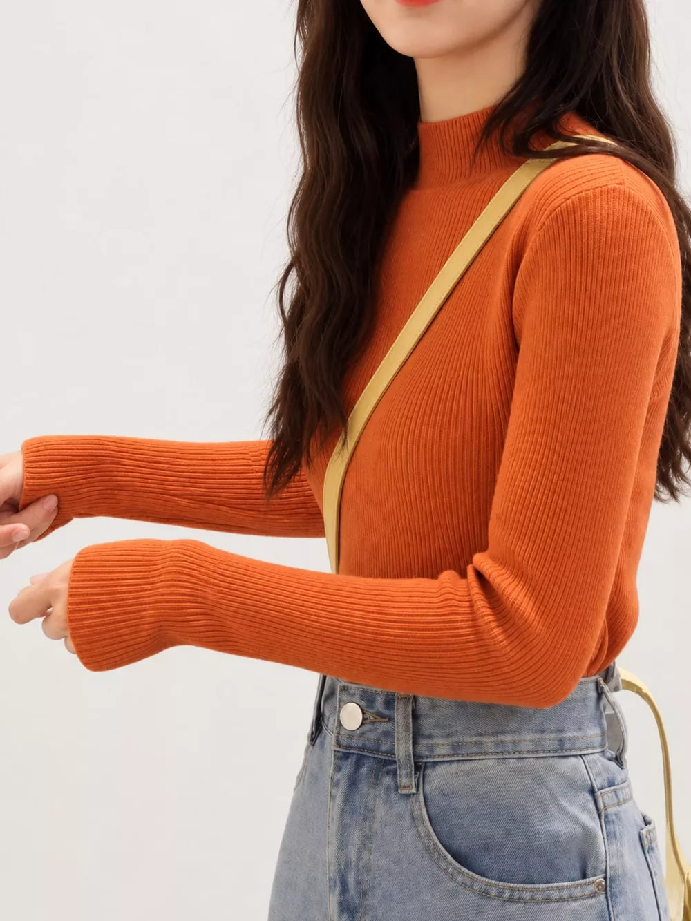 Elegant Slim-Fit Ribbed Mock Neck Knit Top, image 76