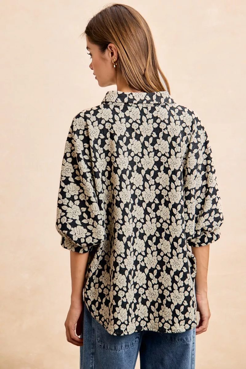 Floral Jacquard Short Dolman Sleeves Shirt, image 9